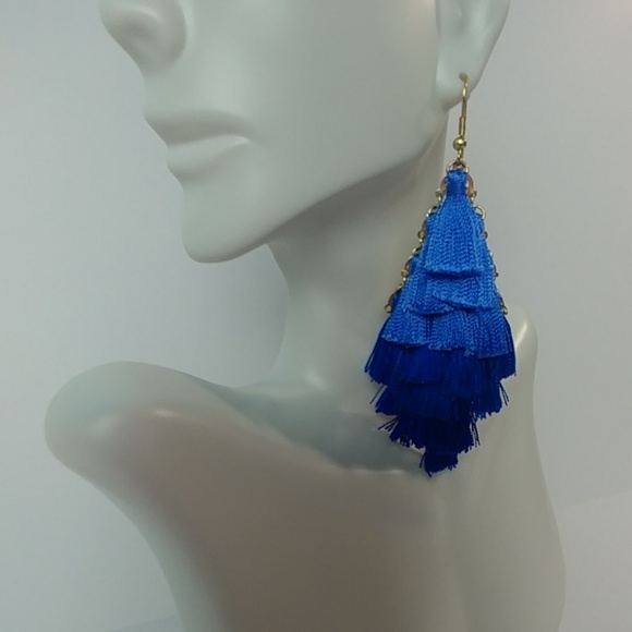 Women Blue Tired Tassel Statement Earrings - Picture 2 of 2